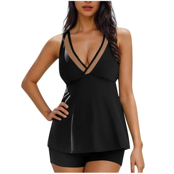 qucoqpe Womens Two Piece Tankini Swimsuits with Built in Bra Sexy V Neck Solid Color Modest Bathing Suits Swim Tankini Tops with Boyshorts