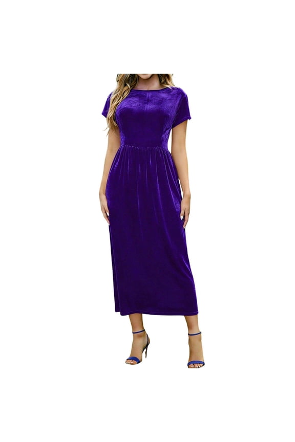 Womens Velvet Maxi Dress Vintage Elegant Short Sleeve Long Formal Cocktail Party Summer Dresses