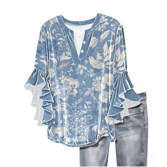 qucoqpe Womens Velvet Tops Dressy Casual Blouses Ruffle 3/4 Sleeve V Neck Button Shirts Fashion Floral Print Tunic Tops Boho Tops for Women