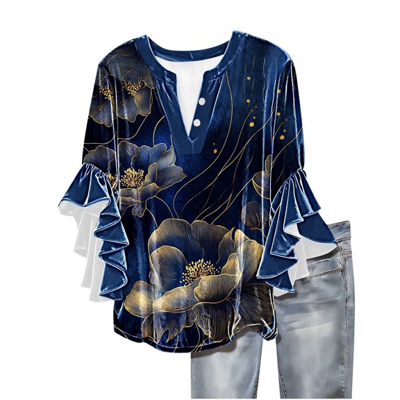 qucoqpe Womens Velvet Tops Dressy Casual Blouses Ruffle 3/4 Sleeve V Neck Button Shirts Fashion Floral Print Tunic Tops Boho Tops for Women