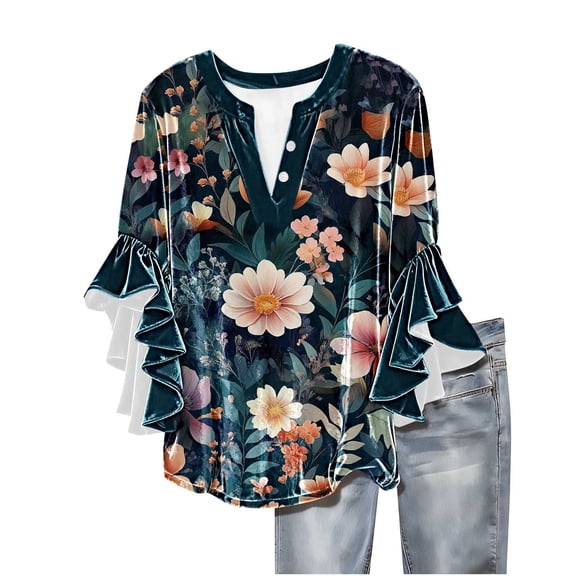 qucoqpe Womens Velvet Tops Dressy Casual Blouses Ruffle 3/4 Sleeve V Neck Button Shirts Fashion Floral Print Tunic Tops Boho Tops for Women