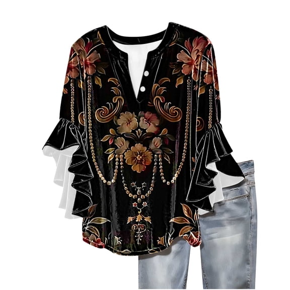qucoqpe Womens Velvet Tops Dressy Casual Blouses Ruffle 3/4 Sleeve V Neck Button Shirts Fashion Floral Print Tunic Tops Boho Tops for Women