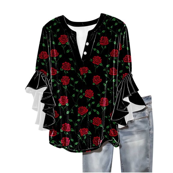 qucoqpe Womens Velvet Tops Dressy Casual Blouses Ruffle 3/4 Sleeve V Neck Button Shirts Fashion Floral Print Tunic Tops Boho Tops for Women