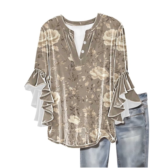qucoqpe Womens Velvet Tops Dressy Casual Blouses Ruffle 3/4 Sleeve V Neck Button Shirts Fashion Floral Print Tunic Tops Boho Tops for Women