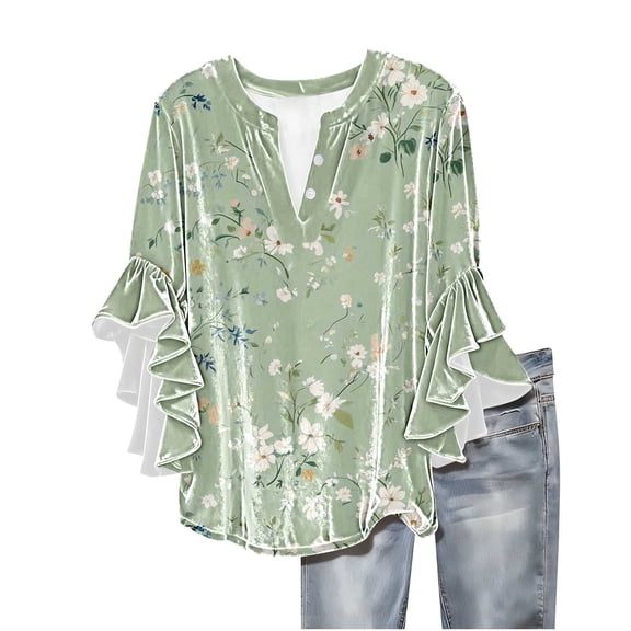 qucoqpe Womens Velvet Tops Dressy Casual Blouses Ruffle 3/4 Sleeve V Neck Button Shirts Fashion Floral Print Tunic Tops Boho Tops for Women