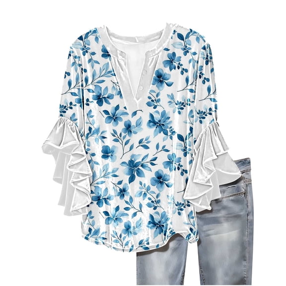 qucoqpe Womens Velvet Tops Dressy Casual Blouses Ruffle 3/4 Sleeve V Neck Button Shirts Fashion Floral Print Tunic Tops Boho Tops for Women