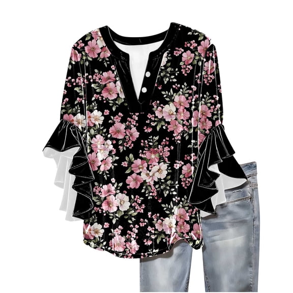 qucoqpe Womens Velvet Tops Dressy Casual Blouses Ruffle 3/4 Sleeve V Neck Button Shirts Fashion Floral Print Tunic Tops Boho Tops for Women