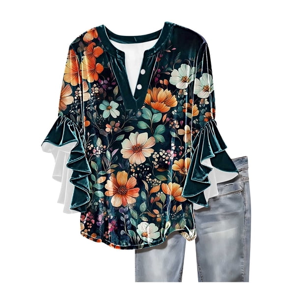 qucoqpe Womens Velvet Tops Dressy Casual Blouses Ruffle 3/4 Sleeve V Neck Button Shirts Fashion Floral Print Tunic Tops Boho Tops for Women