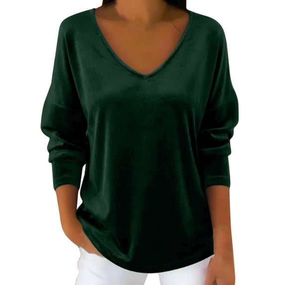 qucoqpe Womens Velvet Tops Fall Casual V Neck Long Sleeve Shirts Fashion Solid Color Loose Pullover Tops Dressy Casual Blouses