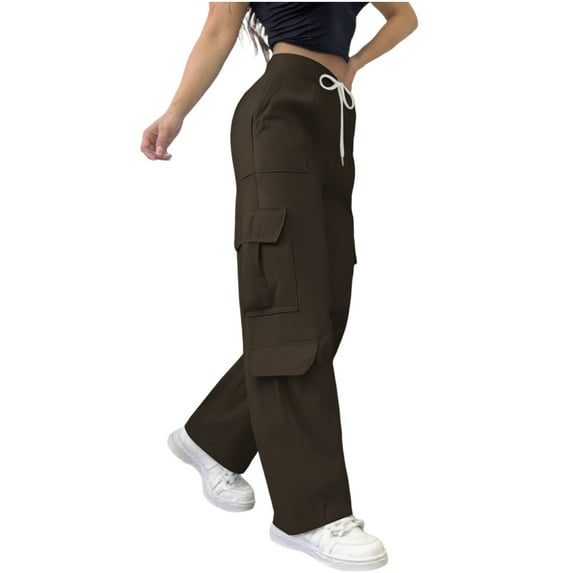 qucoqpe Womens Wide Leg Cargo Pants with Multiple Pockets Solid Elastic Waist Straight Leg Hiking Joggers Trousers