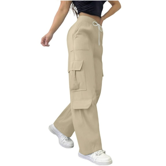 qucoqpe Womens Wide Leg Cargo Pants with Multiple Pockets Solid Elastic Waist Straight Leg Hiking Joggers Trousers