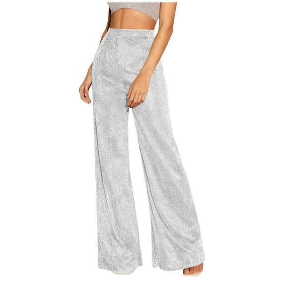 qucoqpe Womens Wide Leg Sparkly Sequin Pants Baggy Elastic High Waisted Bling Shiny Glitter Dance Trousers