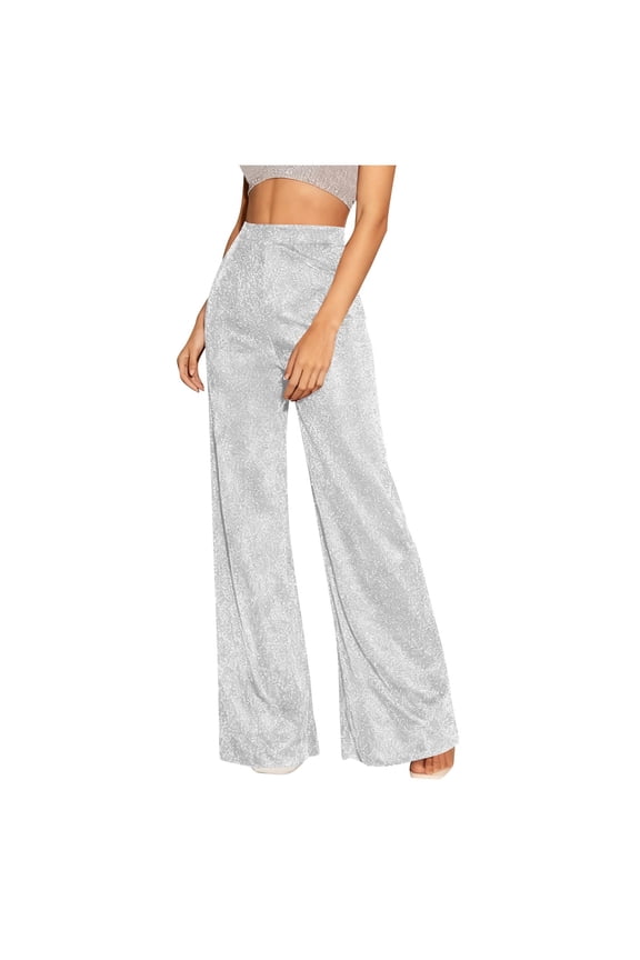 Womens Wide Leg Sparkly Sequin Pants Baggy Elastic High Waisted Bling Shiny Glitter Dance Trousers