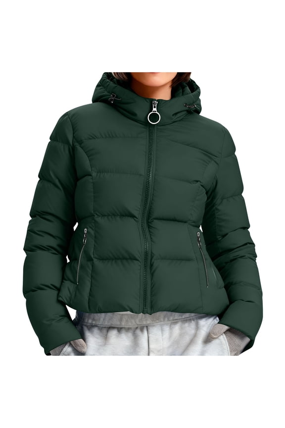 Womens Winter Cropped Puffer Jacket with Hood Lightweight Adjustable Drawstring Full Zip Quilted Coat Casual Parka