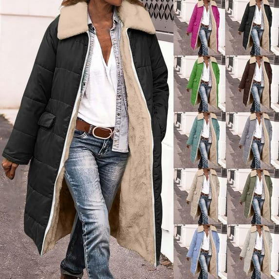 qucoqpe Womens Winter Long Coats Trendy Puffer Jacket Fuzzy Fleece Lined Down Coat Long Sleeve Parka