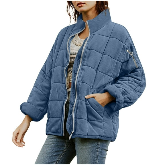 qucoqpe Womens Winter Oversized Quilted Coat Long Sleeve Full-Zip Warm Puffer Jacket Casual Padded Coats with Pockets
