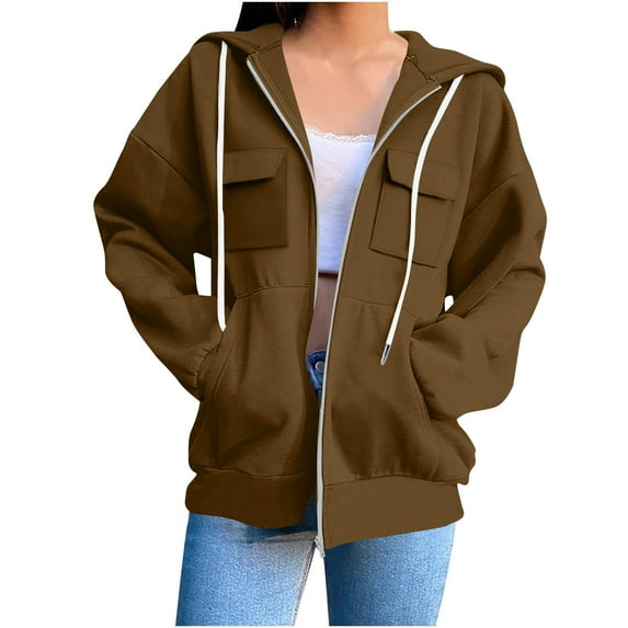 qucoqpe Zip Up Hoodies for Women Trendy Long Leeve Oversized Hooded Jackets Casual Drawstring Multi-pocket Coat Tops