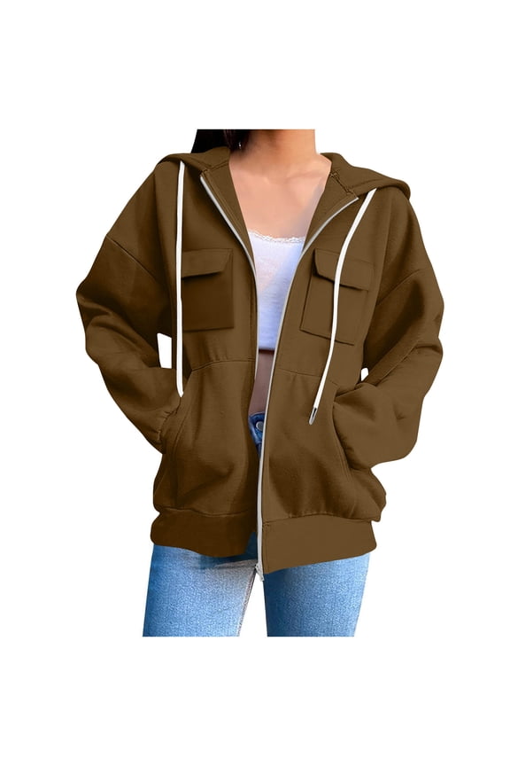 Zip Up Hoodies for Women Trendy Long Leeve Oversized Hooded Jackets Casual Drawstring Multi-pocket Coat Tops