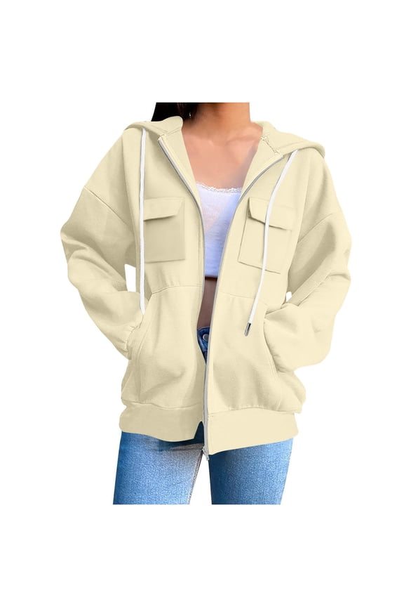 Zip Up Hoodies for Women Trendy Long Leeve Oversized Hooded Jackets Casual Drawstring Multi-pocket Coat Tops