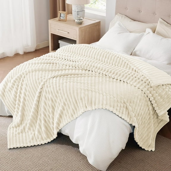 Queen Size Blanket,Extra Soft Strip Blanket, Plush Fuzzy Cozy Bed Blankets and Throws for Couch,Bed,Sofa,Lightweight and Versatile Throws for Office Bedroom Picnic Home Decor,90x90" Beige