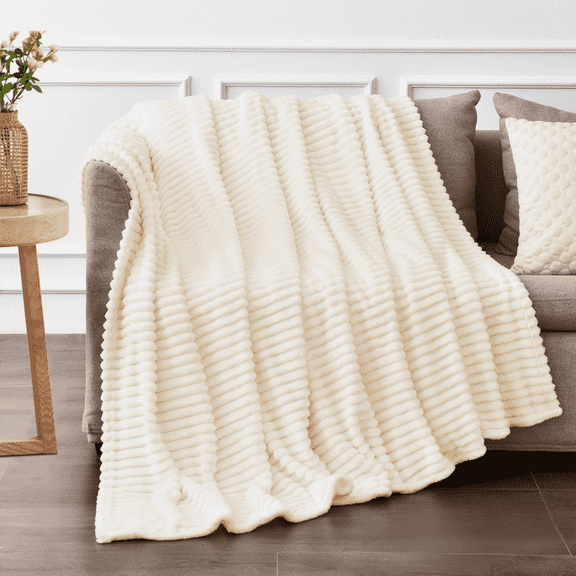 Queen Size Blanket for Couch, Sofa, Bed, Striped Beige Throw Blanket for Office Picnic Travel Bedroom, Super Soft Warm Cozy Lightweight Home Decor for All-Season, 90x90in