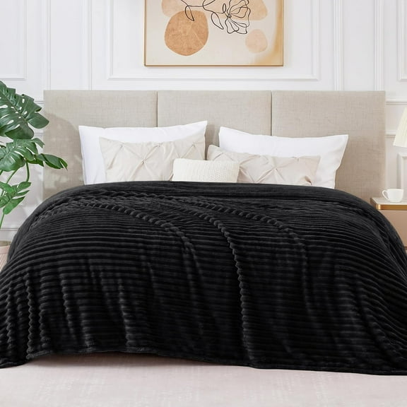 Queen Size Blanket for Couch,Sofa,Bed, 230GSM Super Soft Striped Black Bed Blanket for Office Picnic Travel Bedroom, Warm Cozy Lightweight Home Decor Throw Blanket for All-Season, 90x90in