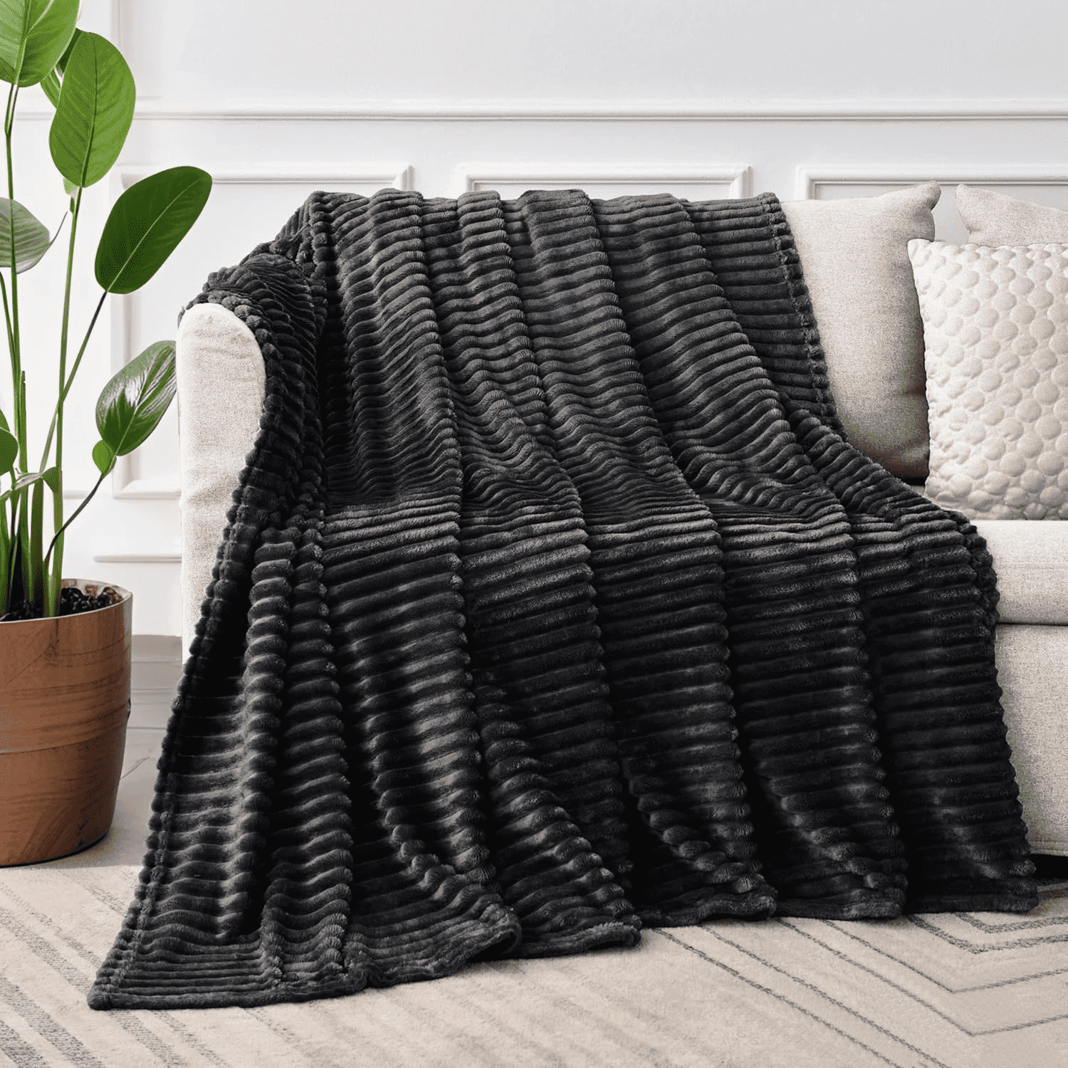 Queen Size Blanket for Couch, Sofa, Bed, Striped Black Throw Blanket for Office Picnic Travel Bedroom, Super Soft Warm Cozy Lightweight Home Decor for All-Season, 90x90in