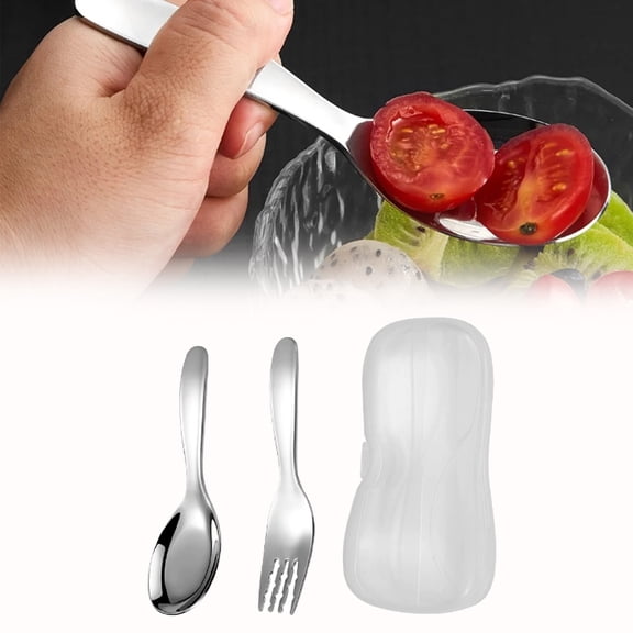 quenelle spoon Stainless Flat Bottom Spoon and Fork Set with Thickened Short Handle Portable Cutlery Set with Case
