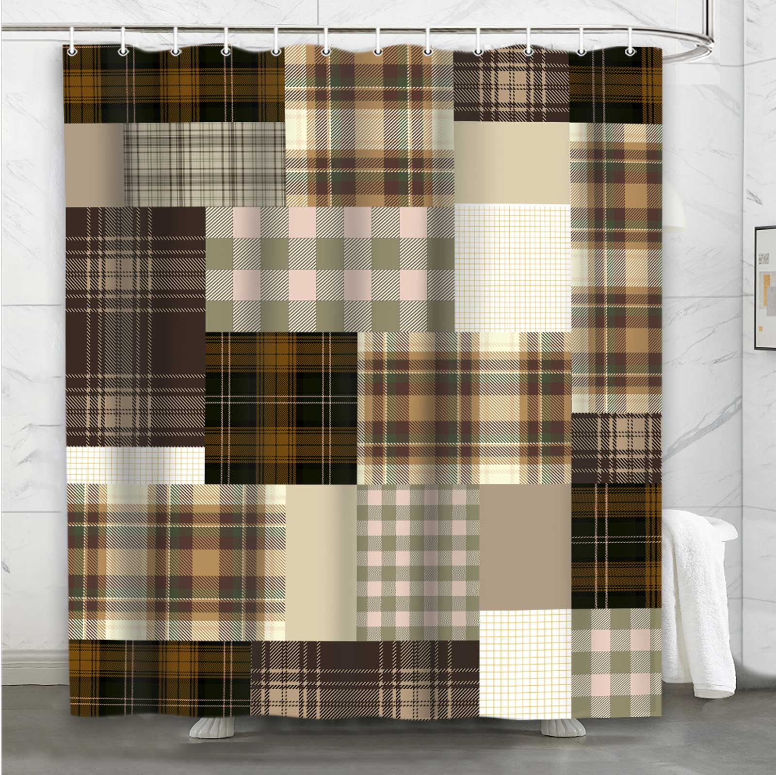 quilt quilted shower curtain, brown khaki farmhouse fabric shower