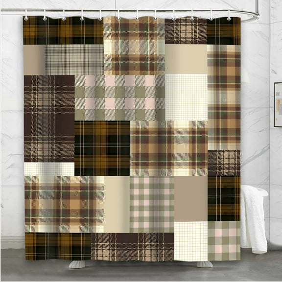 quilt quilted shower curtain, brown khaki farmhouse fabric shower curtain bathroom vintage waterproof bathtub decor with hook 72X72inch