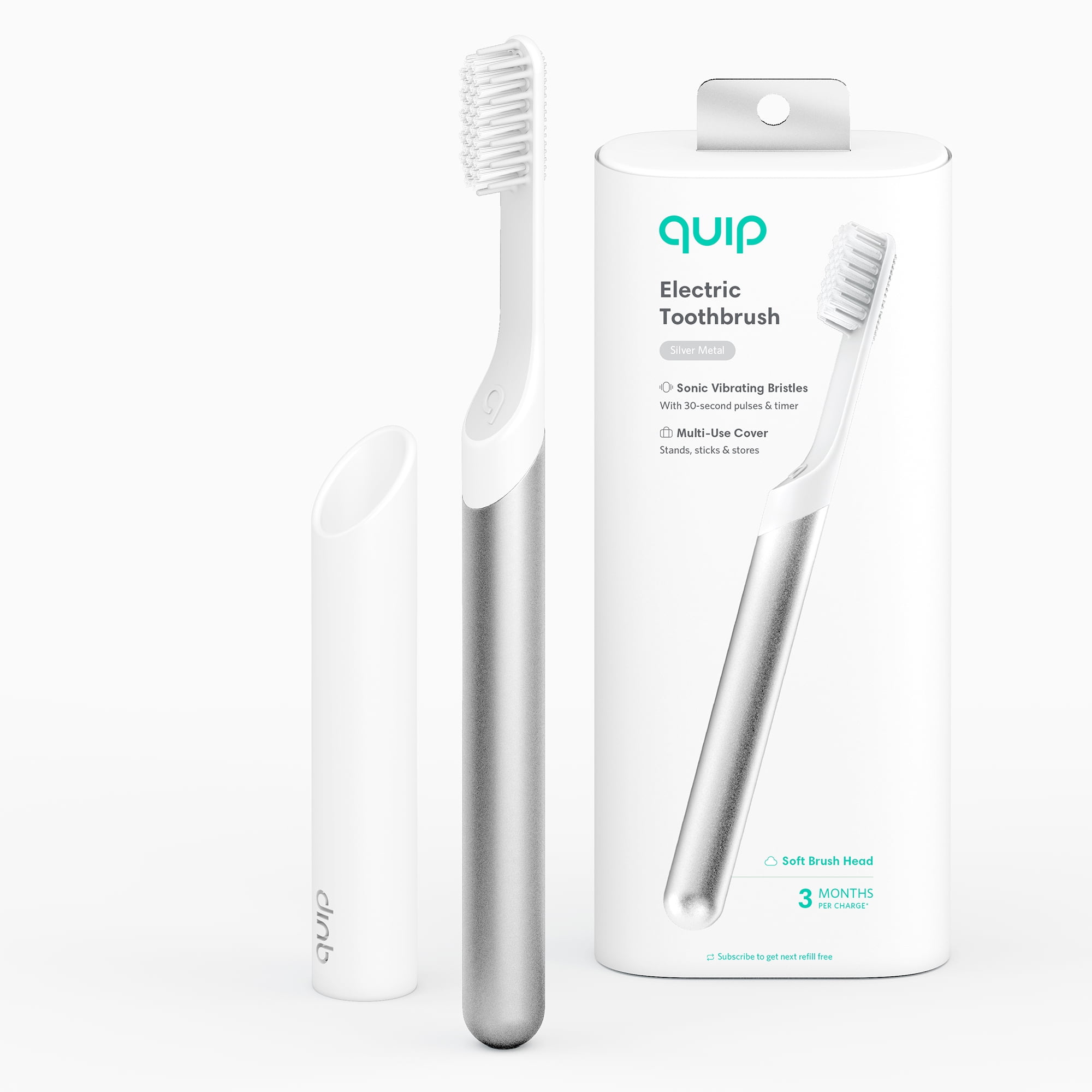 quip Electric Toothbrush, Built-In Timer + Travel Case, Silver Metal