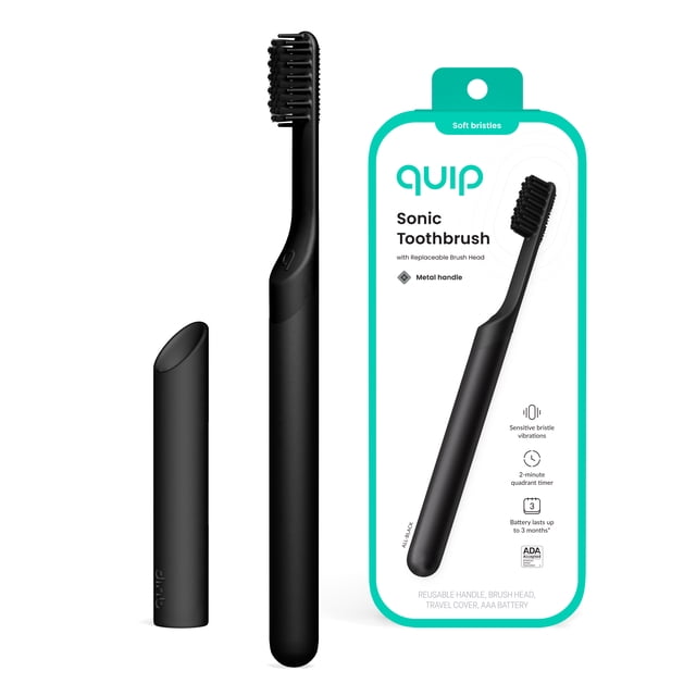 quip Metal Electric Toothbrush with Timer & Travel Cover, All Black, Soft Bristle