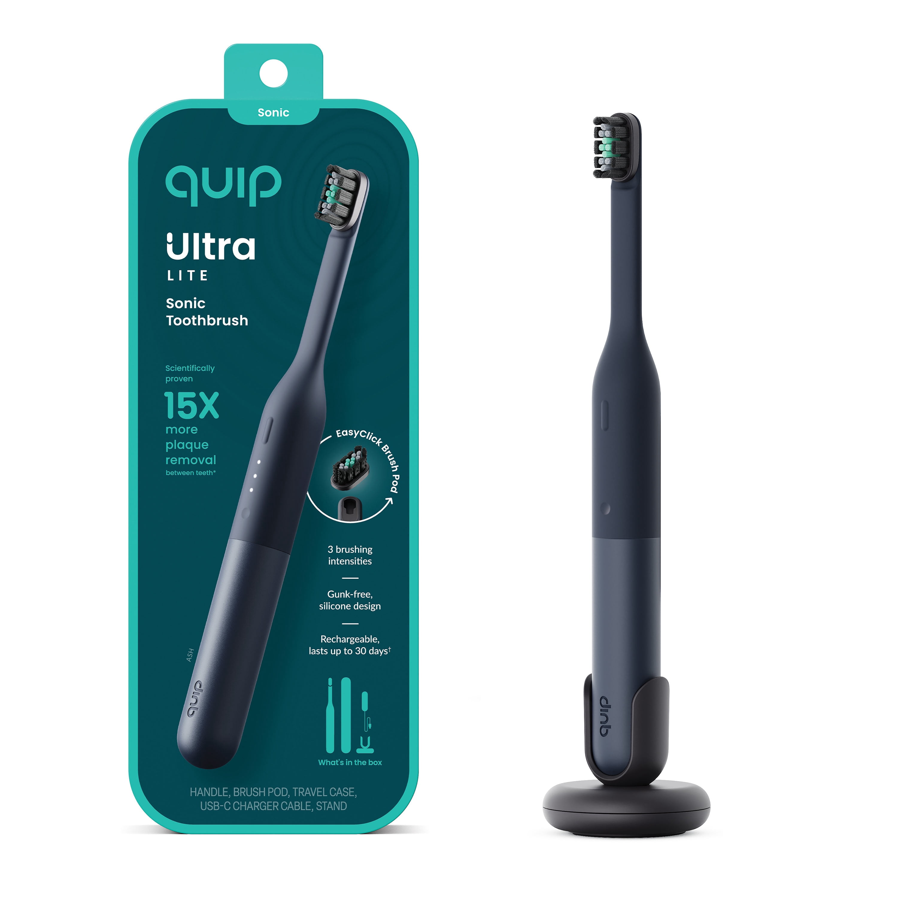 quip Ultra Lite Sonic Toothbrush Timed Electric Toothbrush with Case 15x More Plaque Removal EasyClick Brush Pod 3 Intensities 30 Day Battery Life Charge Ash