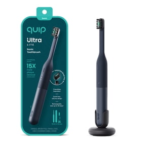 quip Ultra Lite Sonic Toothbrush Timed Electric Toothbrush with Case 15x More Plaque Removal EasyClick Brush Pod 3 Intensities 30 Day Battery Life Charge Ash