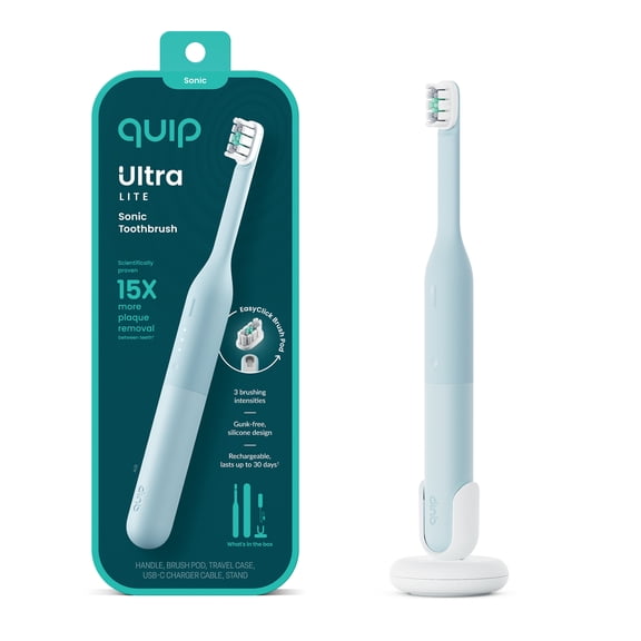 quip Ultra Lite Sonic Toothbrush Timed Electric Toothbrush with Case 15x More Plaque Removal EasyClick Brush Pod 3 Intensities 30 Day Battery Life Charge Air