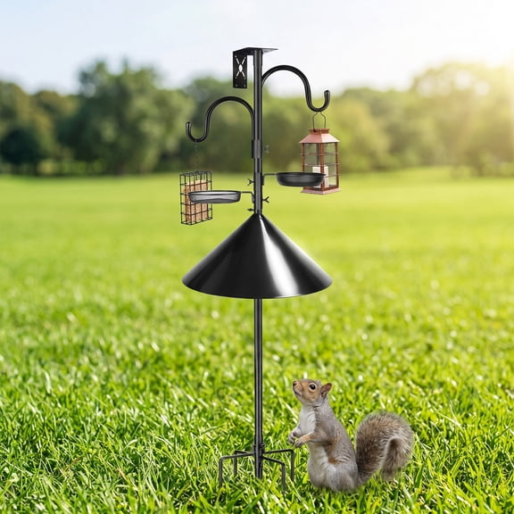 quirrel Baffle for Bird feeders Pole, Squirrel Proof Cone, 2 Detachable Platforms & 4 Hanging Hooks, Heavy Duty Garden Stake for Bird Feeders, Bird Bath, Plants & Outdoor Decor