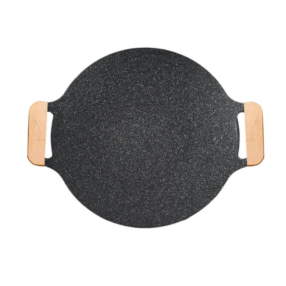 qun9652,Korean Grill Pan with Nonstick Coating Round Iron Griddle Pan with 2 Wooden Holders Compatible for Induction Stove Gas Stove Electric Cooktop Indoor or Outdoor Grilling Grey 14.69 in