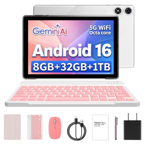 qunyiCO 10 inch Tablet,Android 16 Tablet with Keyboard,32GB + 1TB Expand ,Gemini Ai Tablet,Widevine L1,5G WiFi,Dual Camera,6000mAh Battery,Pink