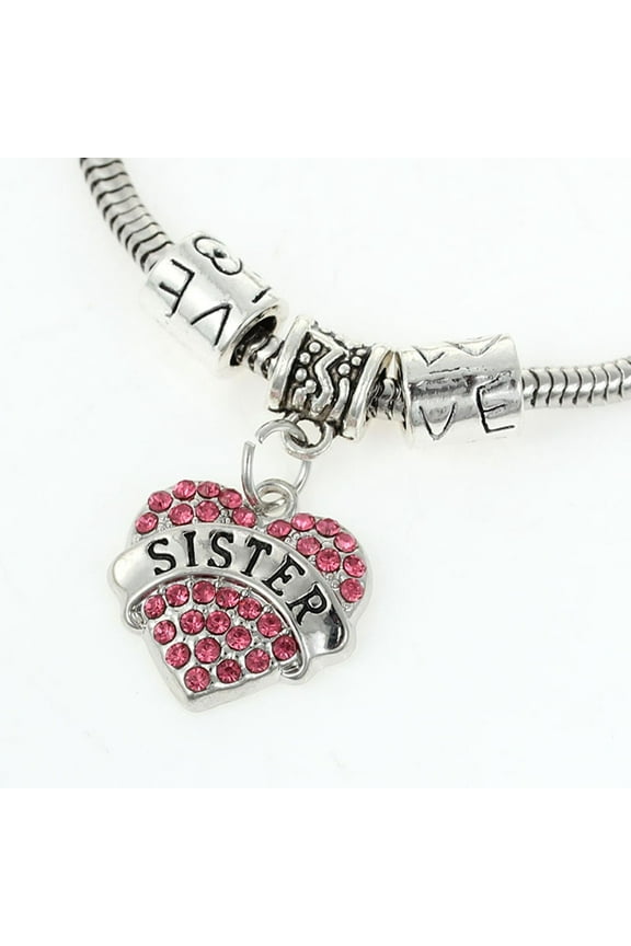 "Sister" European Snake Chain Charm Bracelet with Rhinestones Heart Pendant and Love Spacer Beads