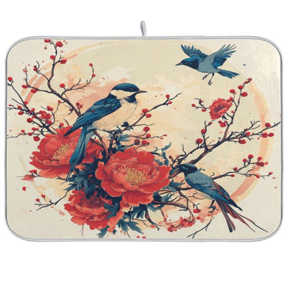 qxltty Blue Magpie Kitchen Drying Mat Extremely Absorbent Microfiber Dish Mats for Plates Cutlery Pots and Pans 16×18in