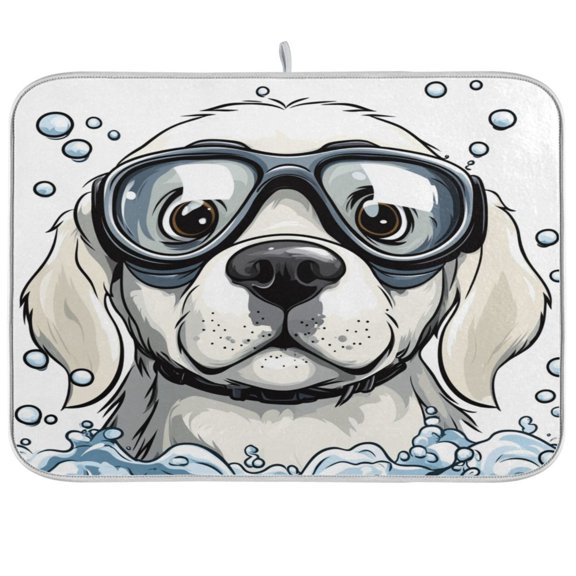 qxltty Cartoon White Labrador Kitchen Drying Mat Extremely Absorbent Microfiber Dish Mats for Plates Cutlery Pots and Pans 16×18in