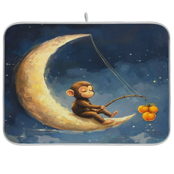 qxltty Cute Monkey Sitting on The Moon Kitchen Drying Mat Extremely Absorbent Microfiber Dish Mats for Plates Cutlery Pots and Pans 16×18in