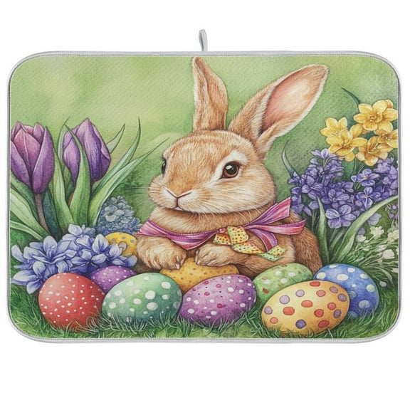 qxltty Easter Orange Bunny Kitchen Drying Mat Extremely Absorbent Microfiber Dish Mats for Plates Cutlery Pots and Pans 16×18in