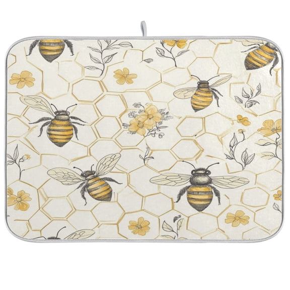 qxltty Honeycomb with Bees Pattern Kitchen Drying Mat Extremely Absorbent Microfiber Dish Mats for Plates Cutlery Pots and Pans 16×18in