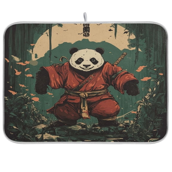 qxltty Samurai Panda Pattern Kitchen Drying Mat Extremely Absorbent Microfiber Dish Mats for Plates Cutlery Pots and Pans 16×18in
