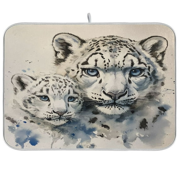 qxltty Two Snow Peopards Painting Kitchen Drying Mat Extremely Absorbent Microfiber Dish Mats for Plates Cutlery Pots and Pans 18×24in