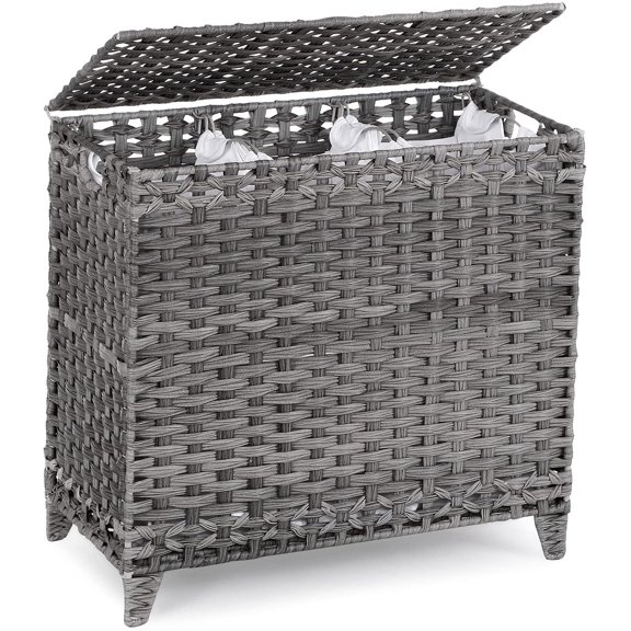 r with 3 Removable Liner Bags; 132L Handwoven Rattan Laundry Basket with Lid & Heightened Feet; Clothes Hamper with Side Handles; Laundry Sorter with 3 Separate Sections