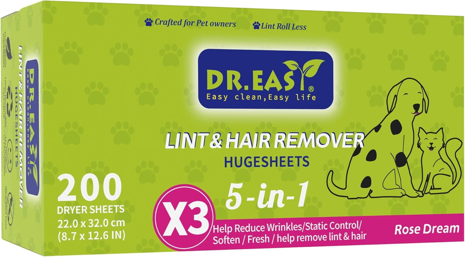 r.Easy LINT & HAIR REMOVER Pet HUGESHEETS with 3X , Rose Dream, 200 Count,PLANT&MINERAL-BASED FORMULA