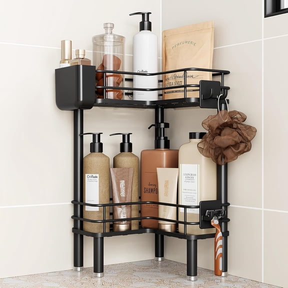 r Floor Standing Corner Shower Caddy Organizer with Toothbrush Holder, Large Spacing Floor Shower Shelf Rack Storage Stands with Hooks for Bathroom Kitchen