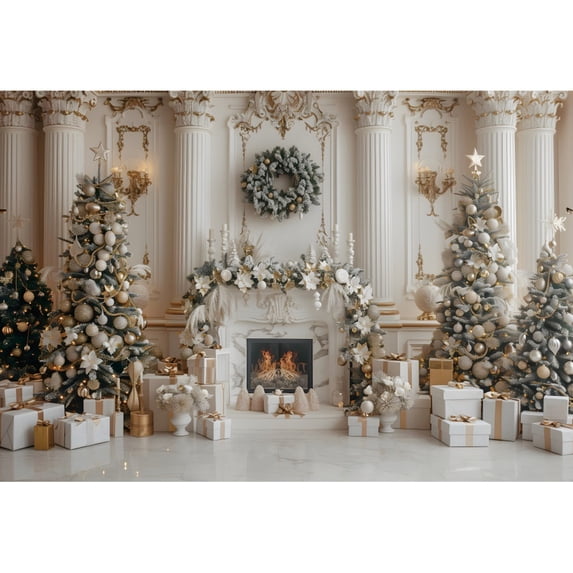 r Party Holiday Background Photography Floor Wood Bright Interior Gift Trees Xmas Backdrop Fireplace White